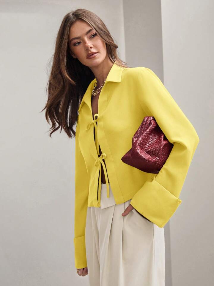 CM-TS885945 Women Trendy Bohemian Style Shirt Collar Front Tie Long Sleeve Shirt - Yellow