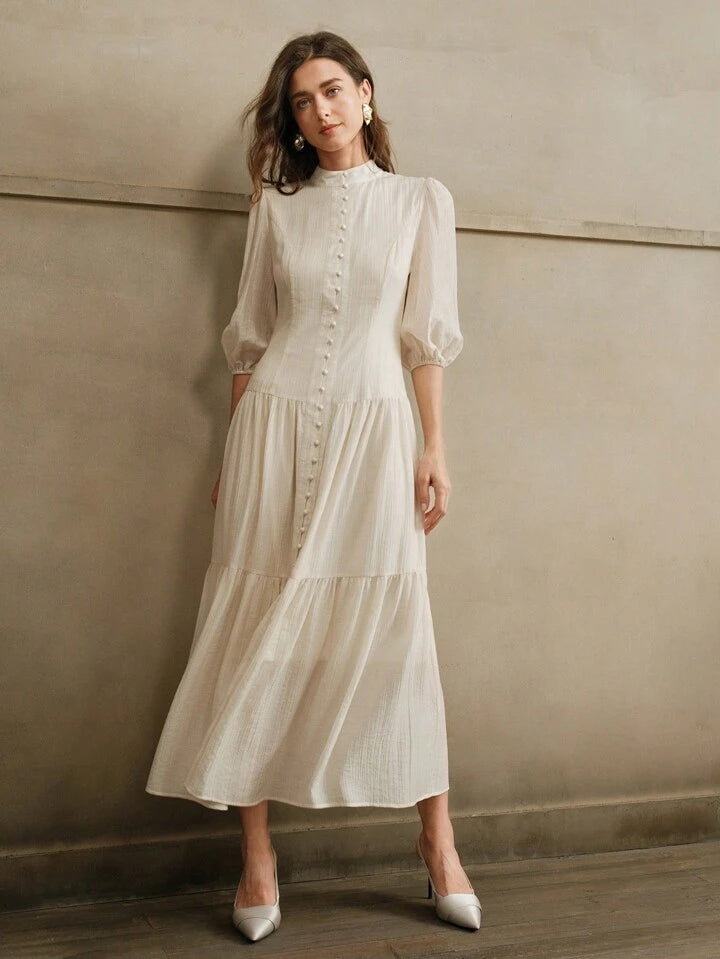 CM-DS204072 Women Elegant Seoul Style Stand Collar 3/4 Sleeve Loose Weave Midi Dress - Apricot