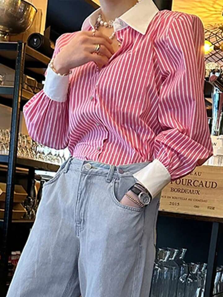 CM-TS668860 Women Casual Seoul Style Striped Button-Up Shirt Collar Long Sleeve Blouse - Pink