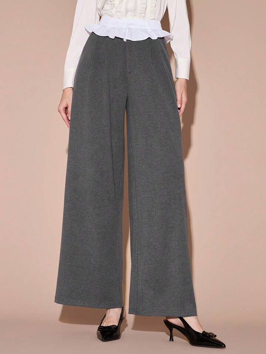 CM-BS769739 Women Casual Seoul Style Contrast Color High Waist Ruffle Hem Wide Leg Pants - Gray