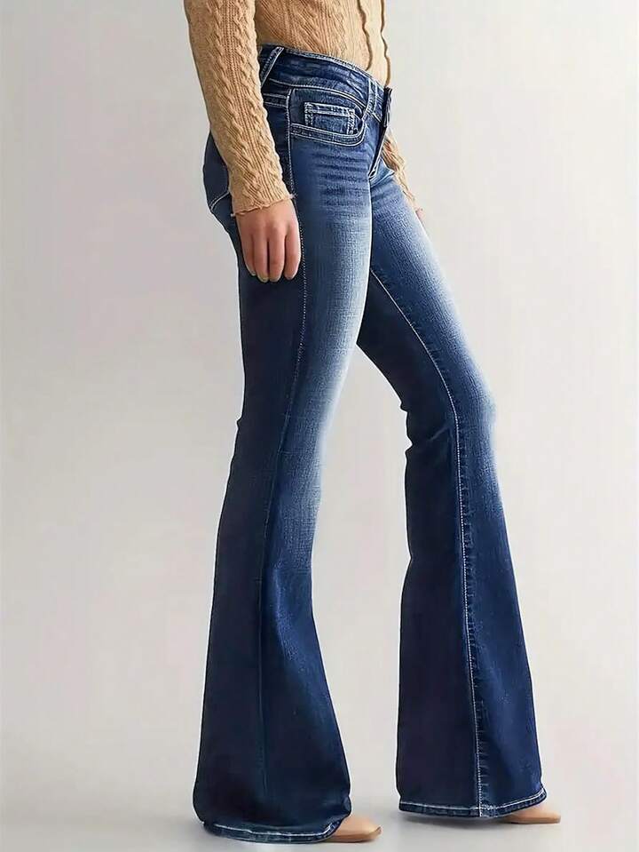 CM-BS378658 Women Casual Seoul Style Dark Wash Low Waist Slim Fit Flared Jeans