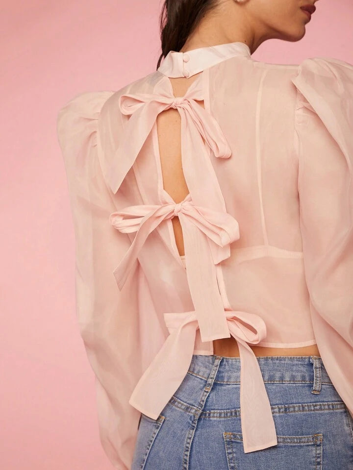 CM-TS444578 Women Casual Seoul Style Woven Back Bow Tie Puff Sleeve Shirt - Dusty Pink