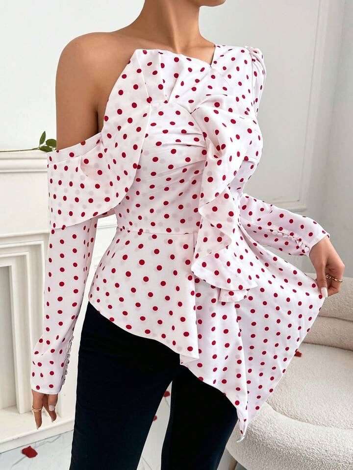 CM-TS146756 Women Casual Seoul Style Irregular Ruffled Off-Shoulder Ruffled Blouse