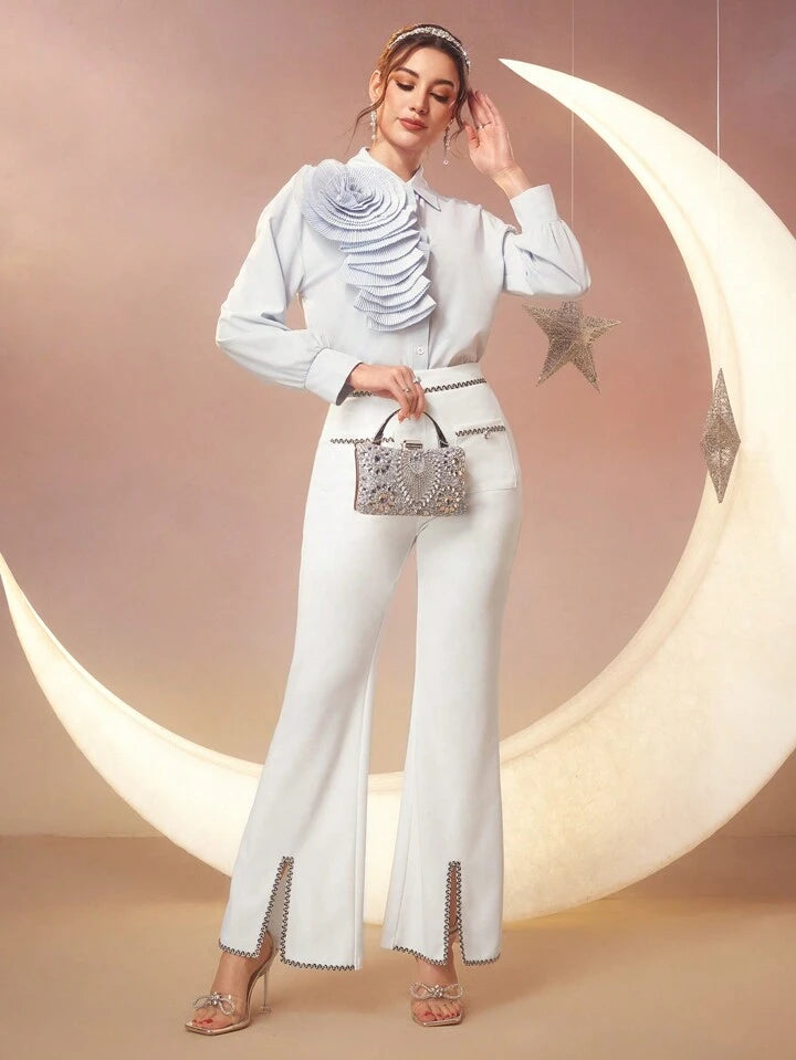 CM-BS606360 Women Elegant Seoul Style Pearl-Inspired Button Detail Flared Pants - White