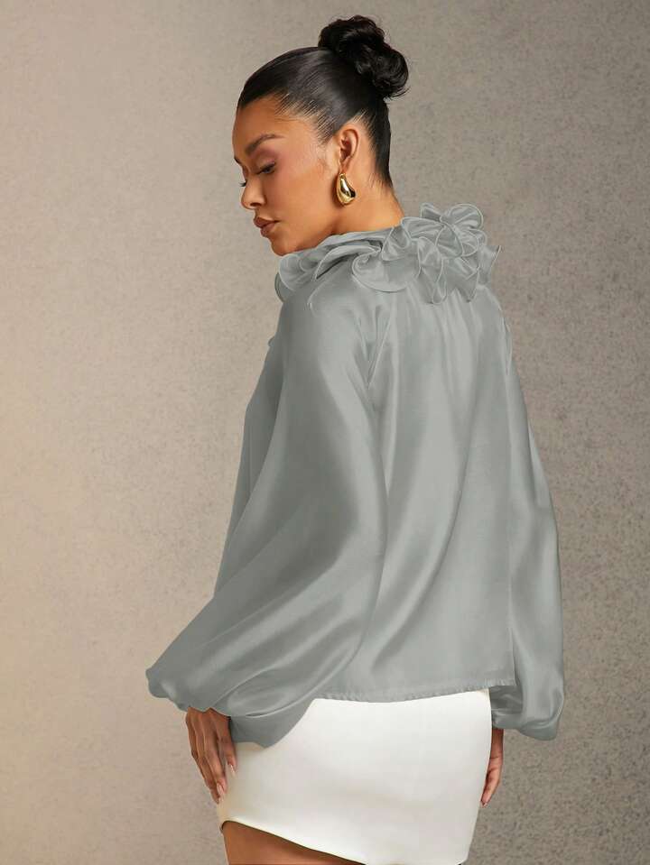 CM-TS726254 Women Elegant Seoul Style Solid Color Ruffle Trim Tie Neck Lantern Sleeve Blouse - Silver
