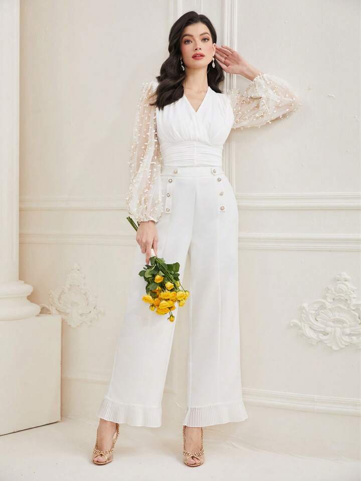 CM-TS018078 Women Elegant Seoul Style Embroidered Lantern Sleeve Patchwork T-Shirt - White