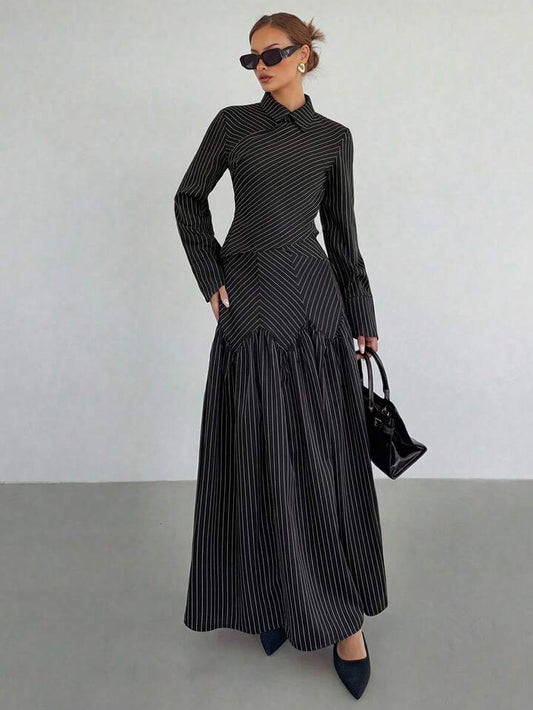CM-SS672872 Women Elegant Seoul Style Striped Collar Neckline Long Sleeve Shirt With Pleated Maxi Skirt - Set