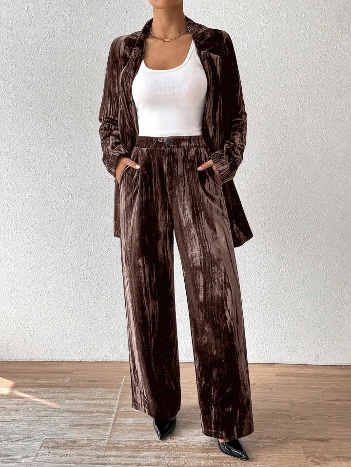 CM-SS231618 Women Elegant Seoul Style Stand Collar Long Sleeve Velvet Jacket With Straight Leg Pants Suit - Coffee Brown