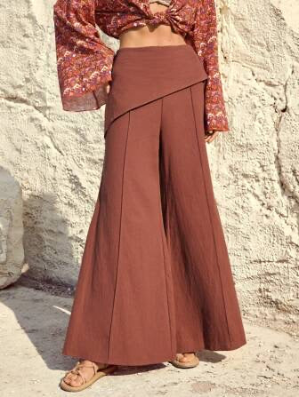CM-BS966696 Women Trendy Bohemian Style High Waist Flared Trousers - Coffee Brown