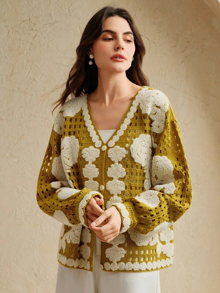 CM-CS148566 Women Elegant Seoul Style Floral Pattern Long Sleeve Single-Breasted Hollow Out Knitted Cardigan
