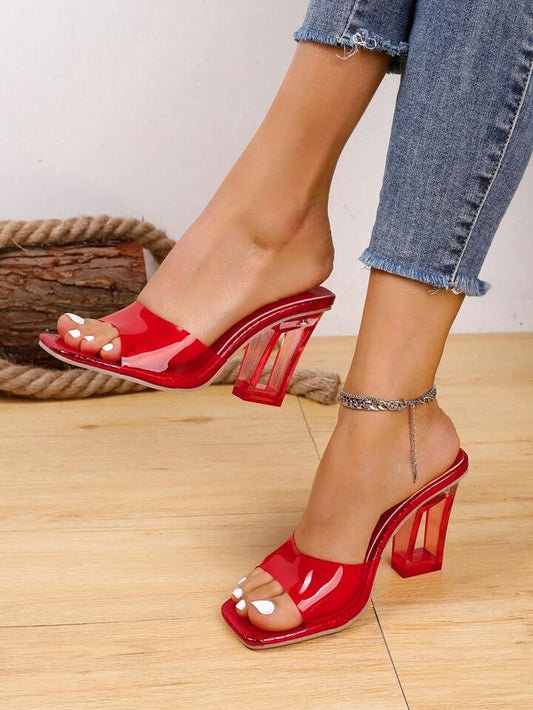 CM-SHS814318 Women Trendy Seoul Style Square Toe Transparent Crystal High Heel Sandals