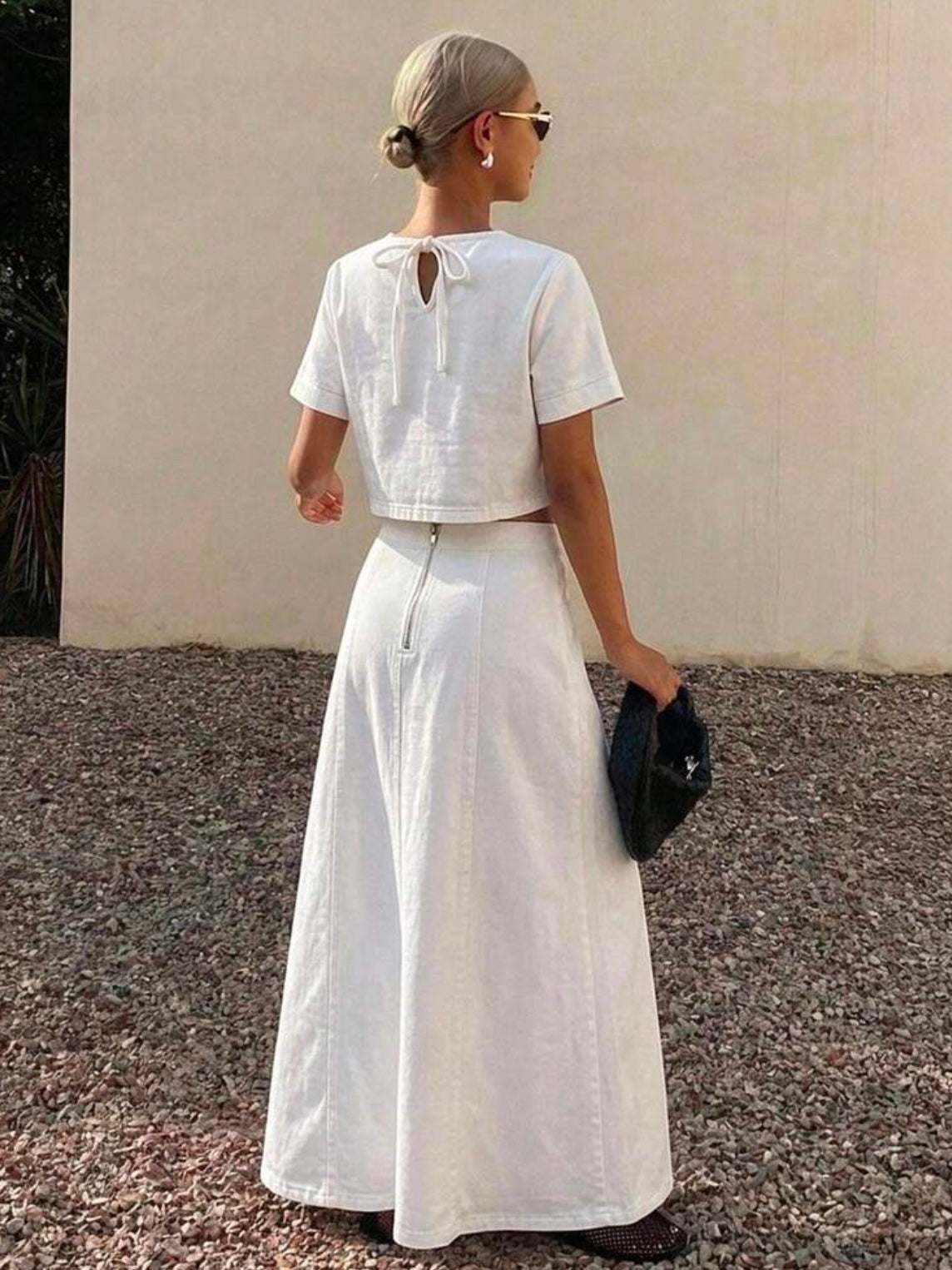 CM-SS600501 Women Casual Seoul Style Round Neck Short Sleeve Cropped Top With High Waist A-Line Long Denim Skirt - Set