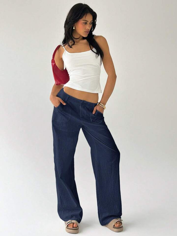 CM-BS787739 Women Casual Seoul Style Solid Color Low Waist Loose Straight Leg Pants - Navy Blue