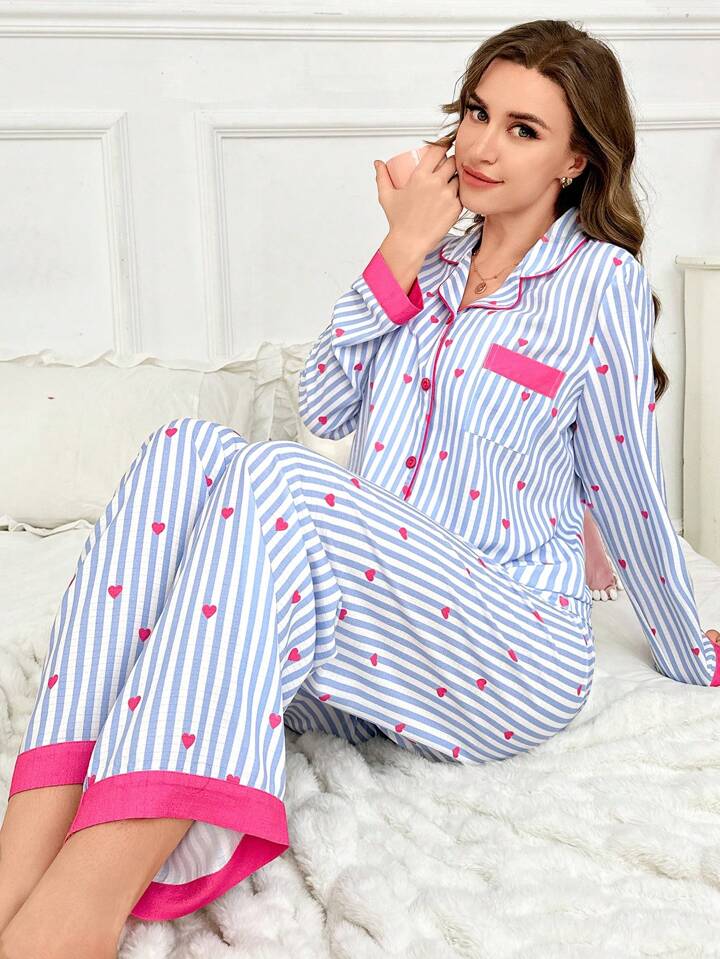 CM-LS499944 Women Trendy Seoul Style Striped Heart Patchwork Cardigan With Pajama Pants Set