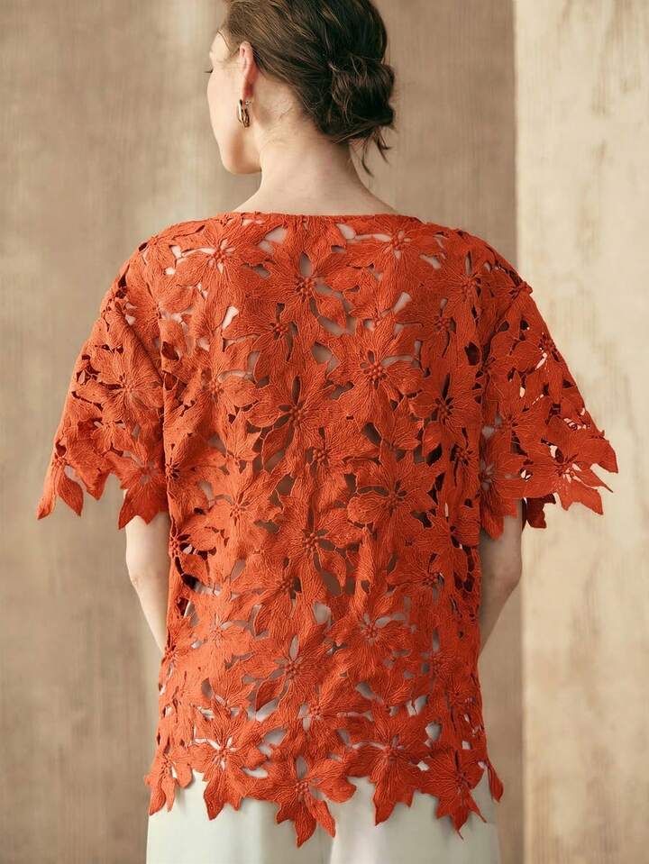 CM-TS529067 Women Trendy Bohemian Style Embroidered Round Neck Short Sleeve Top - Orange