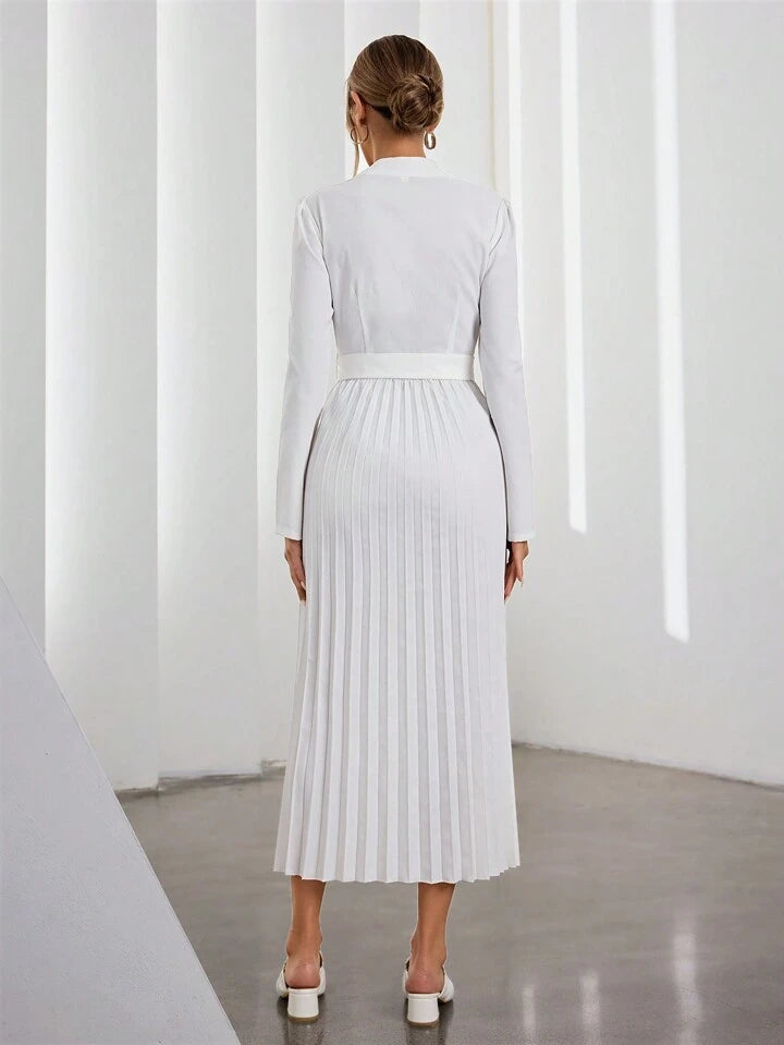 CM-DS437355 Women Elegant Seoul Style V-Neck Long Sleeve Waist Tie Pleated Hem Dress - White