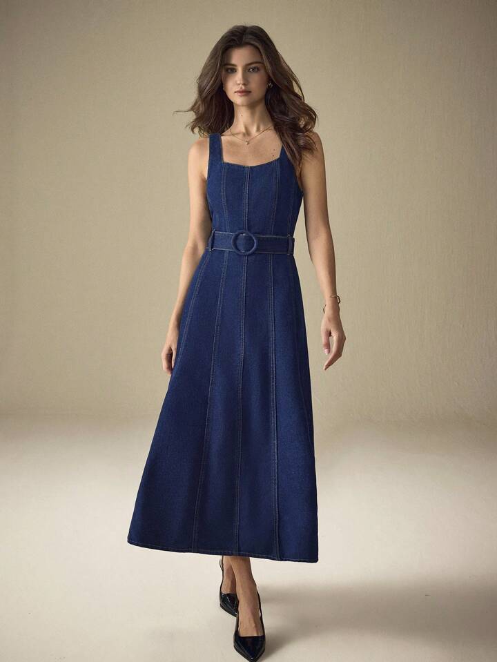 CM-DS438008 Women Elegant Seoul Style Straps Neckline Sleeveless High Waist Denim Dress - Blue