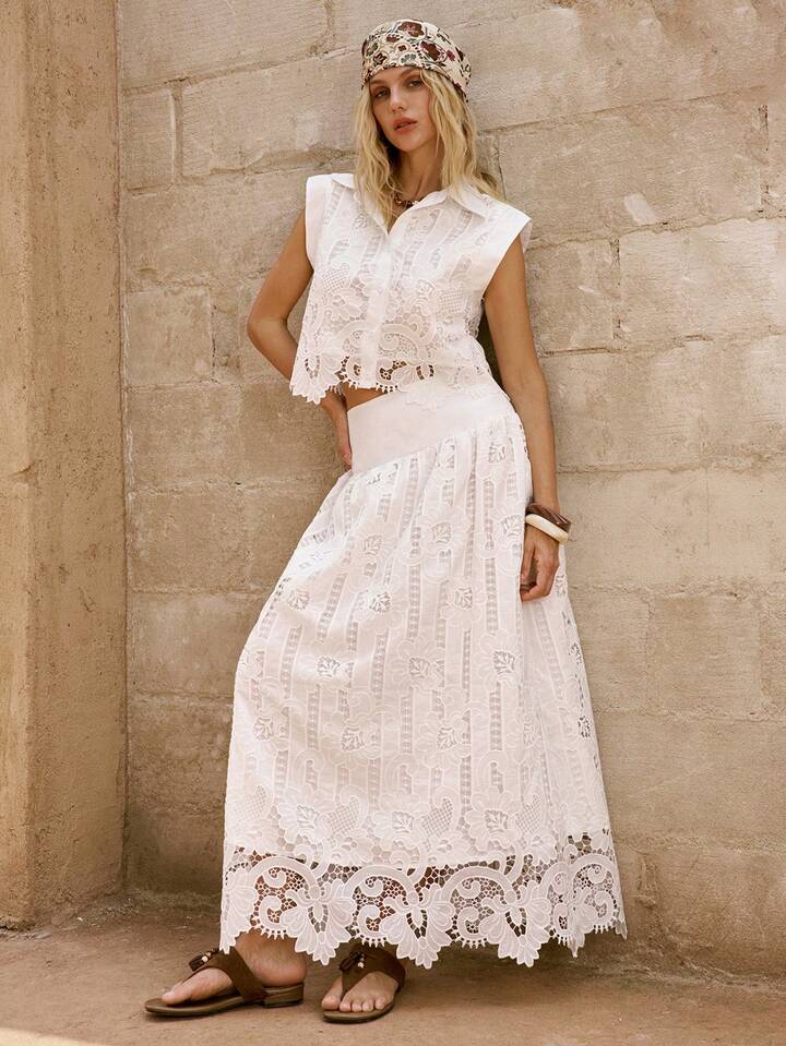 CM-SS644288 Women Trendy Bohemian Style All-Over Hollow Floral Pattern Lapel Cropped Shirt With Maxi Skirt - Set