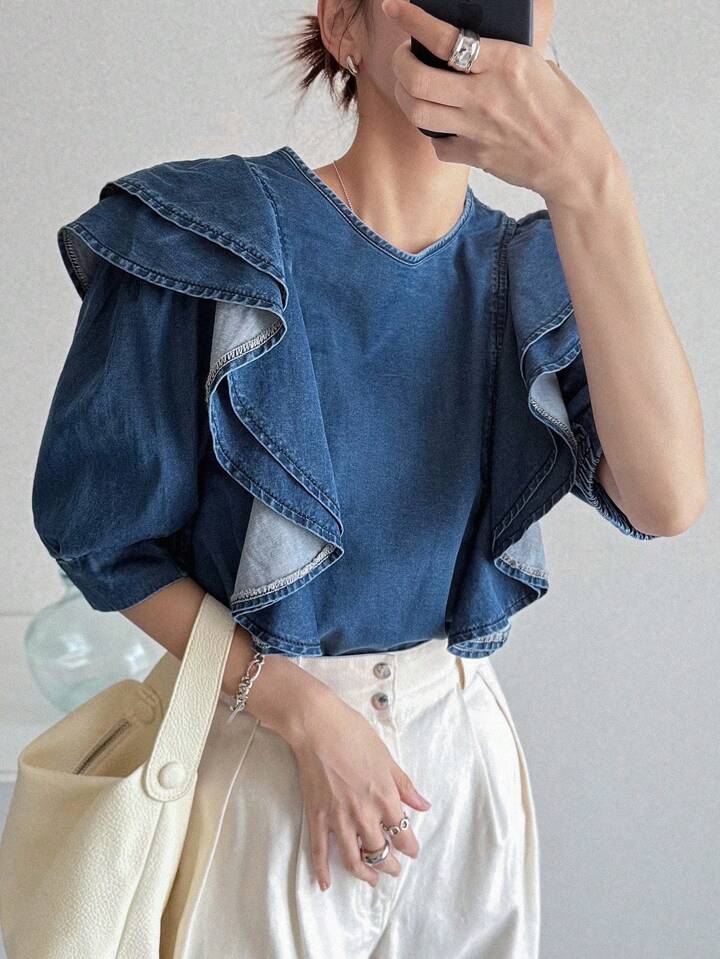 CM-TS697697 Women Casual Seoul Style Dark Wash Tie Neck Puff Sleeve Ruffle Trim Denim Blouse