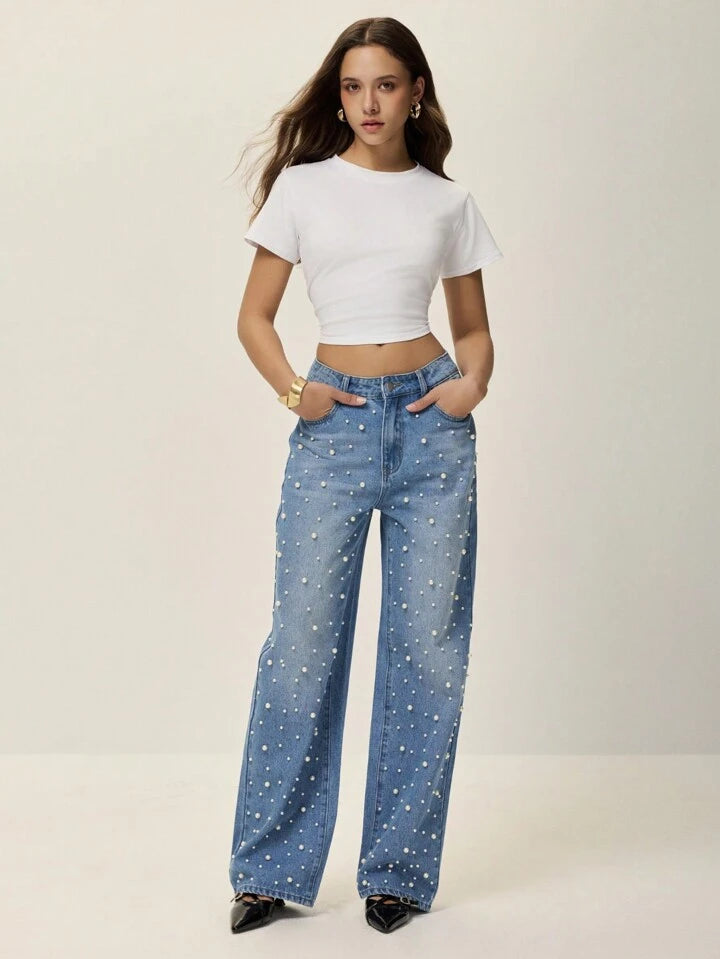CM-BS821619 Women Elegant Seoul Style Light Wash Pearl Decor Striaght Leg Extra Long Jeans