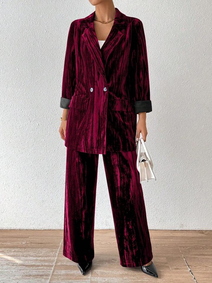 CM-SS022111 Women Elegant Seoul Style Stand Collar Long Sleeve Velvet Jacket With Straight Leg Pants Suit - Burgundy