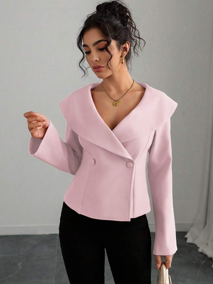 CM-TS002530 Women Elegant Seoul Style Solid Color Wide Lapel Open Shoulder Bell Sleeve Long Sleeve Blouse - Baby Pink