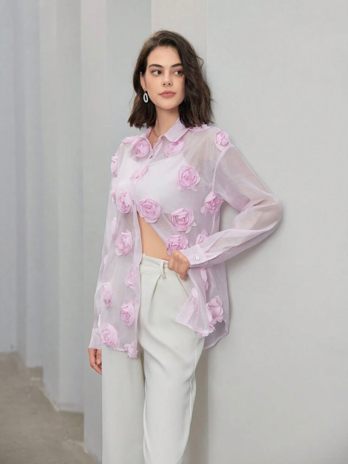 CM-TS896623 Women Elegant Seoul Style 3D Floral Long Sleeve Sheer Mesh Blouse - Baby Pink