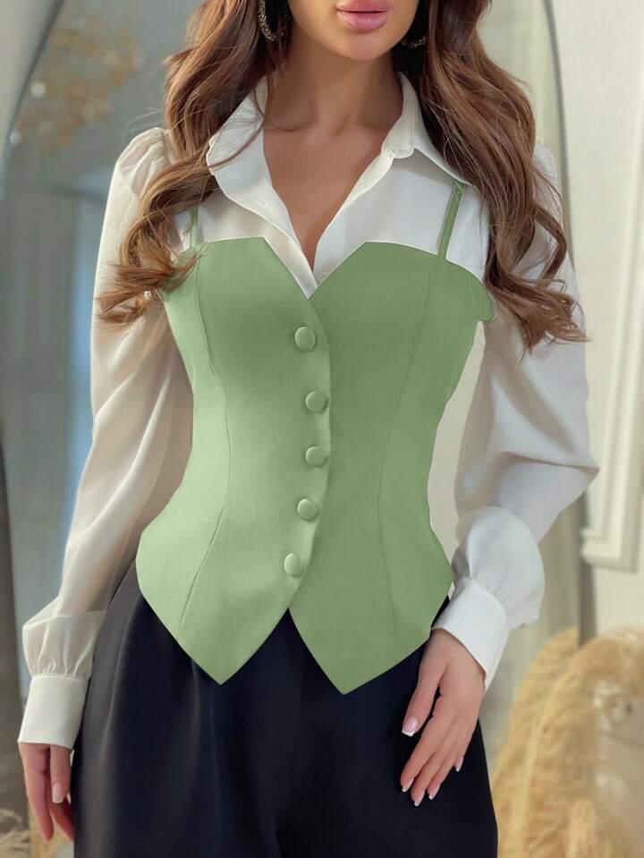 CM-TS731146 Women Elegant Seoul Style 2-In-1 Color Block Long Sleeve Shirt - Mint Green