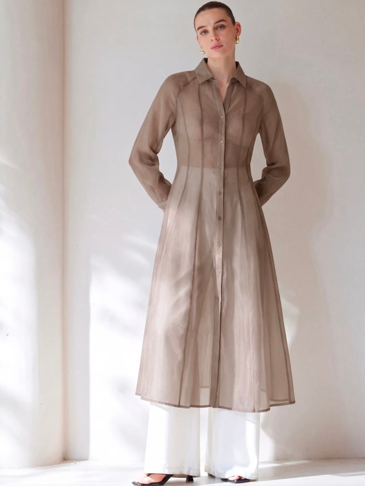 CM-TS813513 Women Casual Seoul Style Translucent Textured V-Neck Long Sleeve Gathered Waist Shirtdress