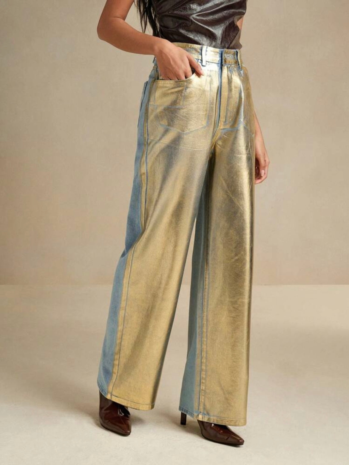 CM-BS820399 Women Elegant Seoul Style Metallic Patchwork Loose High Waist Straight Leg Jeans - Blue