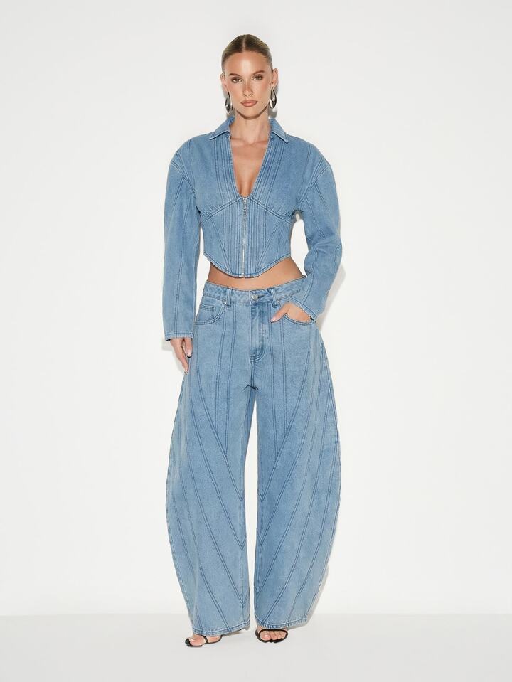 CM-BS077957 Women Casual Seoul Style Low Waist Extra Long Baggy Wide Leg Jeans - Blue