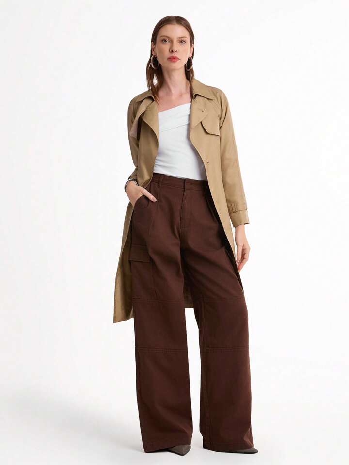 CM-BS659057 Women Casual Seoul Style High Waist Loose Wide-Leg Cargo Jeans - Coffee Brown