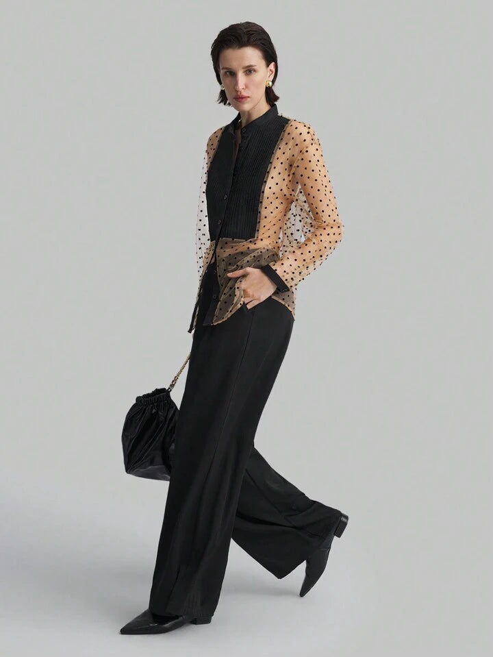 CM-TS897928 Women Elegant Seoul Style Dot Splicing Long Sleeve Semi-Sheer Blouse - Black
