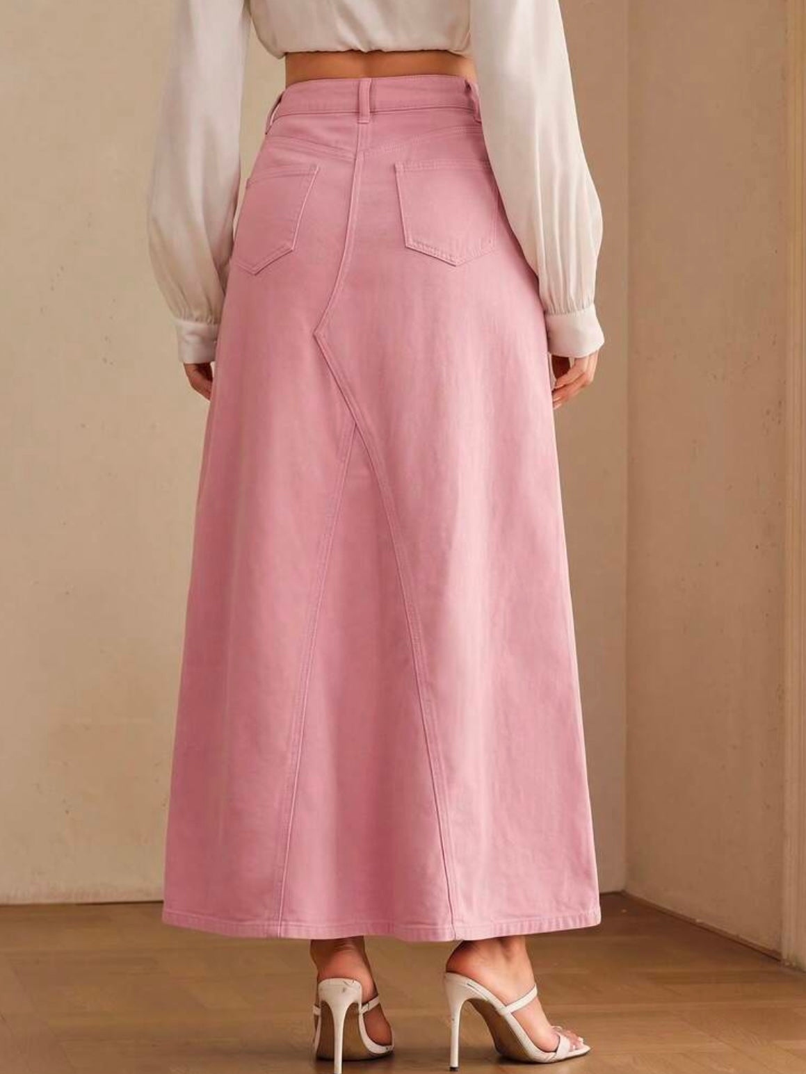 CM-BS478582 Women Casual Seoul Style Mid Waist Embroidery Slimming Design Split A-Line Denim Skirt - Pink