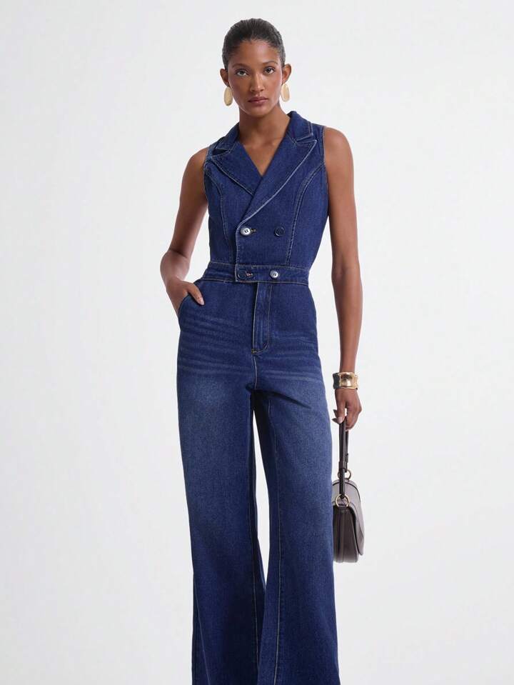 CM-JS708270 Women Casual Seoul Style Medium Wash Lapel Neckline Sleeveless Extra Long Denim Wide Leg Jumpsuit