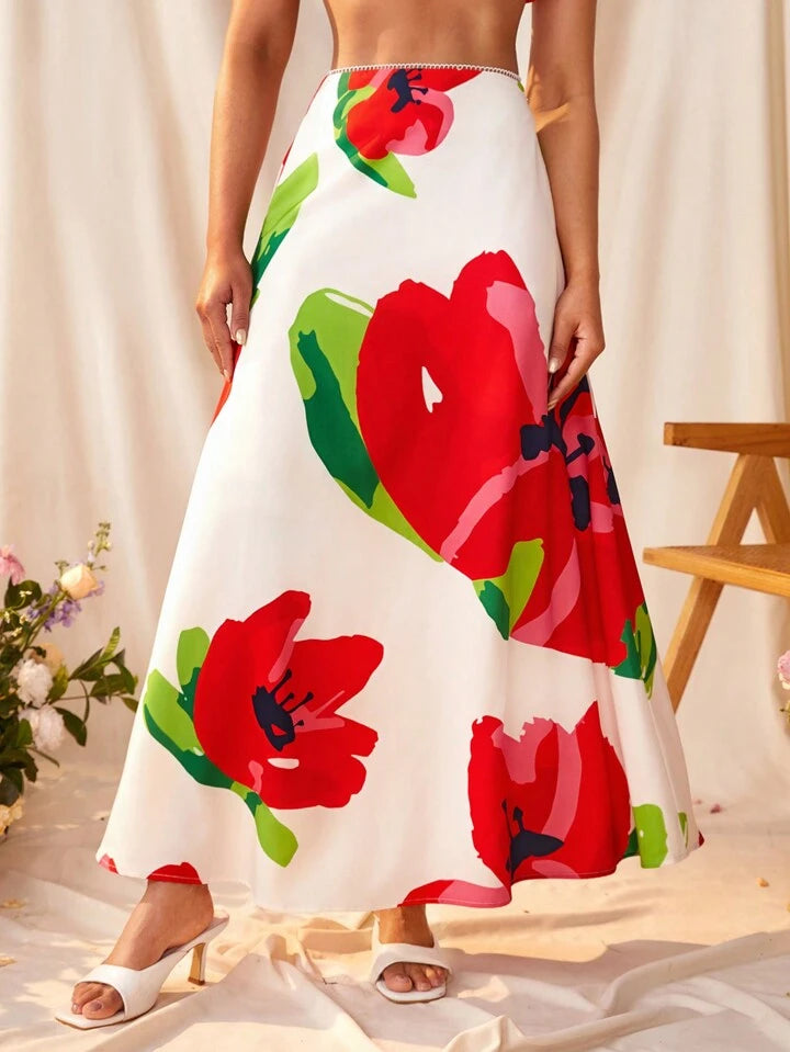 CM-BS733272 Women Trendy Bohemian Style Floral Print High Waist Pleated Maxi Skirt