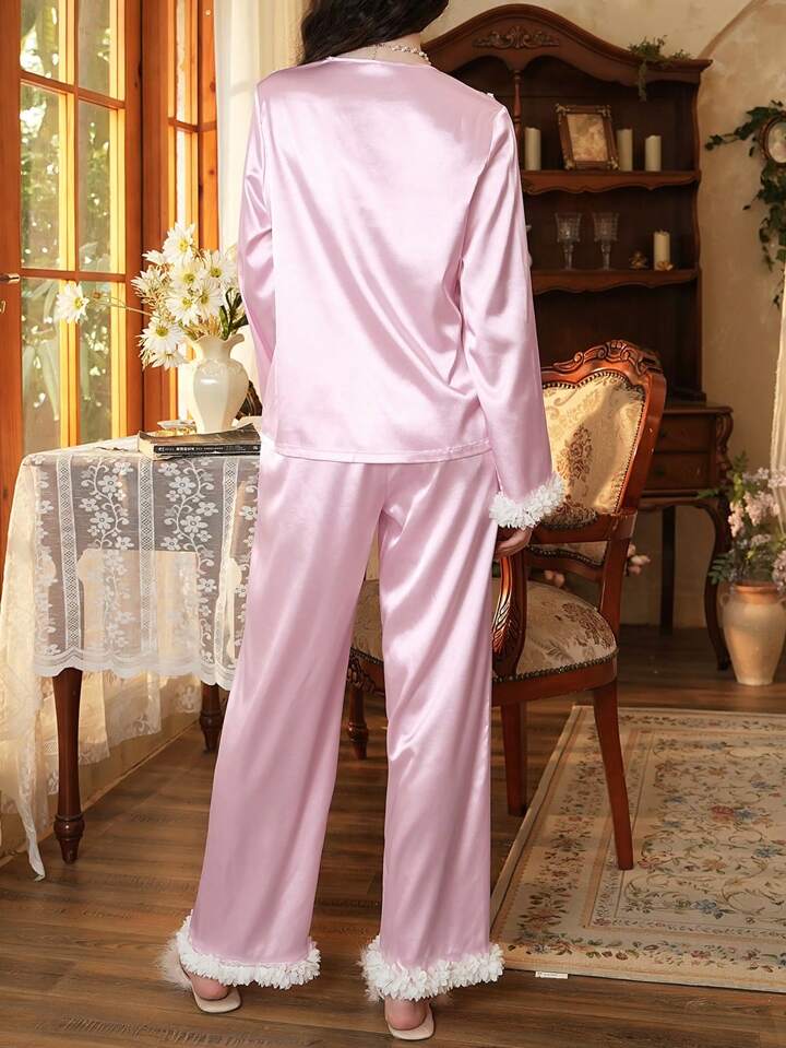 CM-LS755245 Women Trendy Seoul Style Lace Patchwork Long Sleeve Satin Pajama Set - Pink