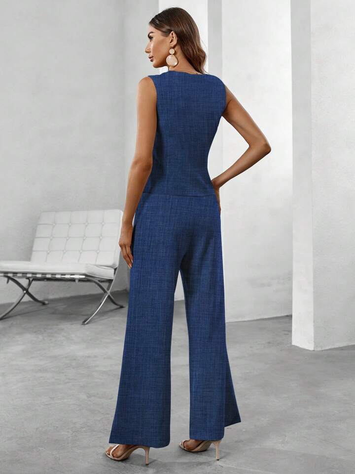 CM-SS352322 Women Elegant Seoul Style Asymmetric Bottom Single-Breasted Waistcoat With Pants Suit - Royal Blue