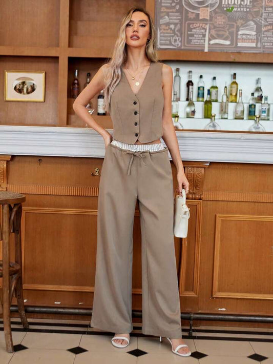 CM-SS652264 Women Casual Seoul Style Single-Breasted Vest And Waist Tie Pants Set - Khaki