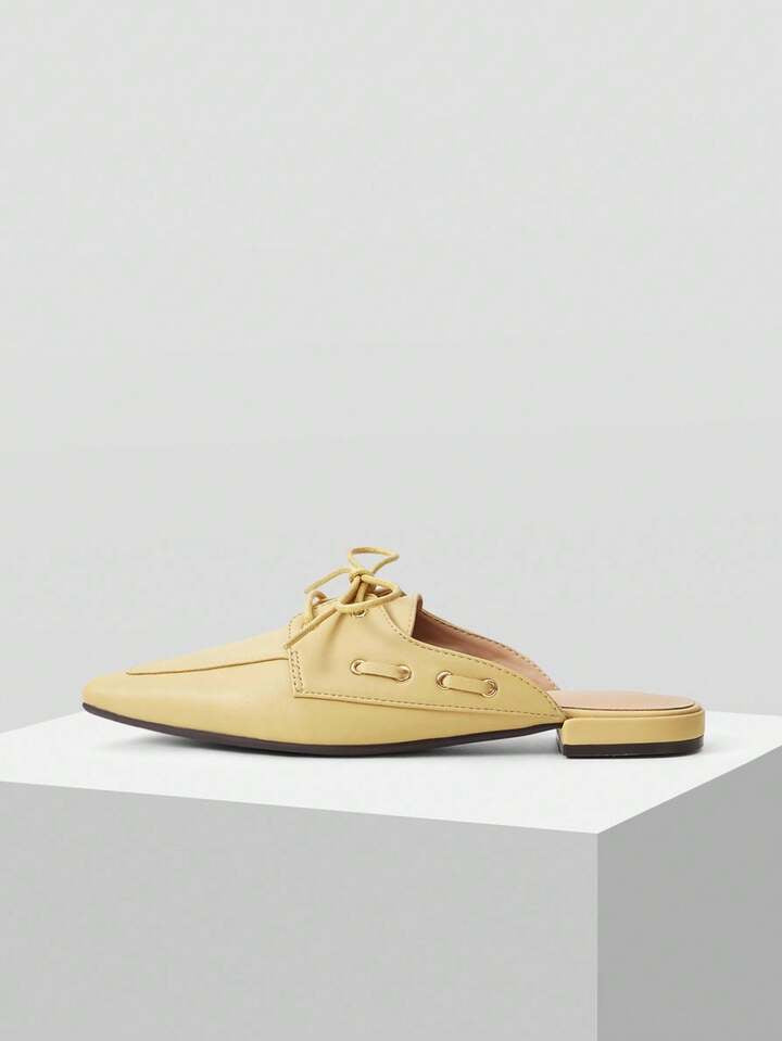 CM-SHS617253 Women Trendy Seoul Style Lace-Up Pointed Toe Backless Flat Shoes - Apricot