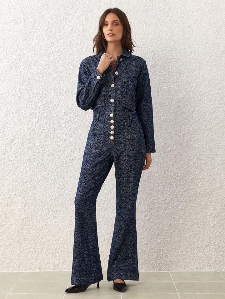 CM-JS528662 Women Elegant Seoul Style Dark Wash Collar Neckline All-Over Print Front Button Long Sleeve Denim Jumpsuit