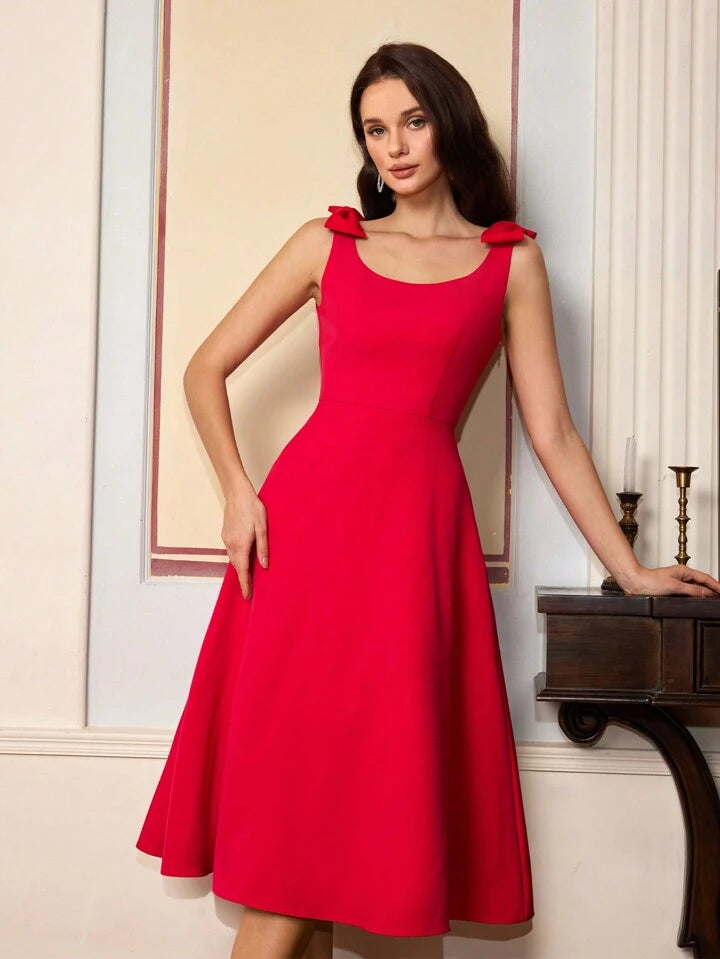 CM-DS182268 Women Elegant Seoul Style Double Bow Strap Design Sleeveless Solid Color Midi Dress - Red