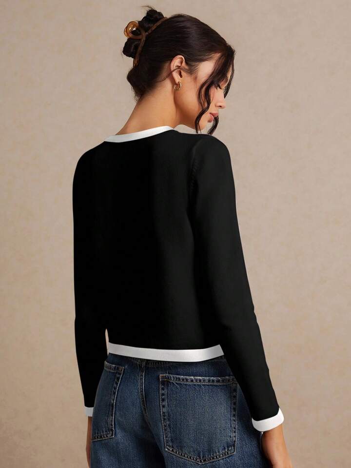 CM-CS834494 Women Casual Seoul Style Color Block Long Sleeve Trim Metal Button Front Knit Cardigan