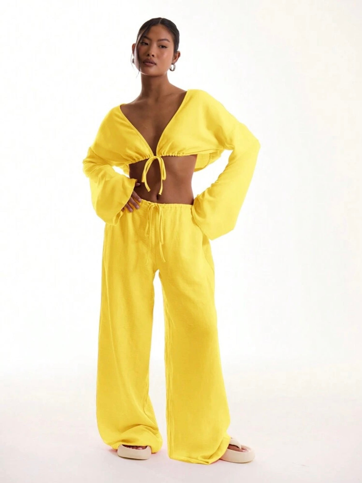 CM-BS670253 Women Trendy Bohemian Style Tie Front Linen Feel Beach Trouser - Yellow
