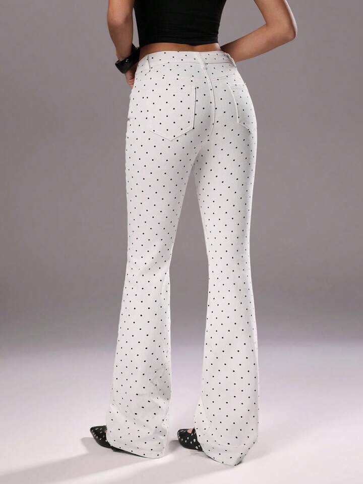 CM-BS188025 Women Casual Seoul Style Polka Dot Low Waist Flare Leg Jeans - White