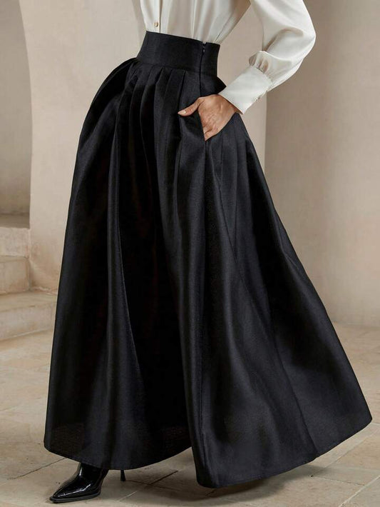 CM-BS549896 Women Elegant Seoul Style High Waisted Puff Pleated Long Skirt - Black