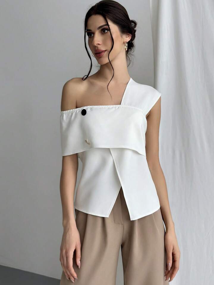 CM-TS624299 Women Casual Seoul Style Asymmetrical Neckline Metal Button Decorated Blouse