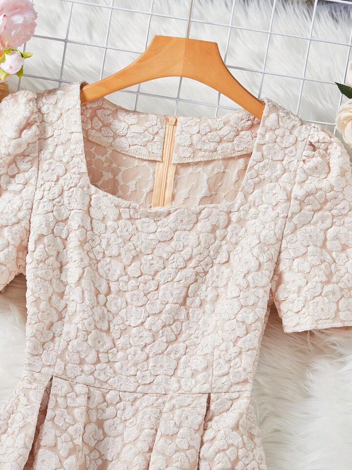 CM-DS082189 Women Elegant Seoul Style Square Neck Puff-Sleeve Floral A-Line Dress - Apricot