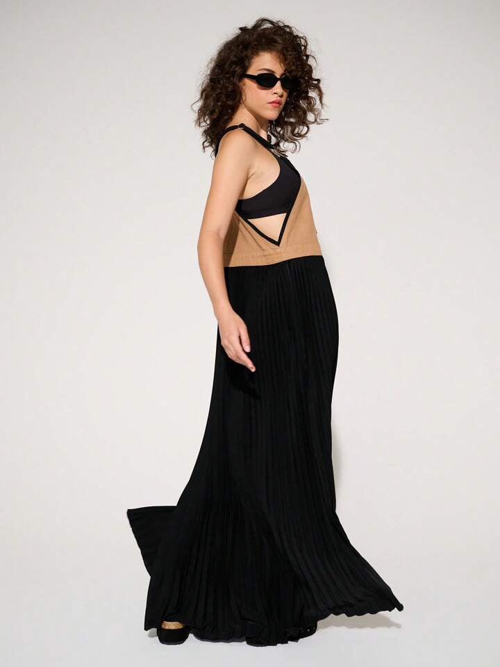 CM-DS535463 Women Trendy Bohemian Style High Slit Pleated Denim Summer Overall Maxi Dress