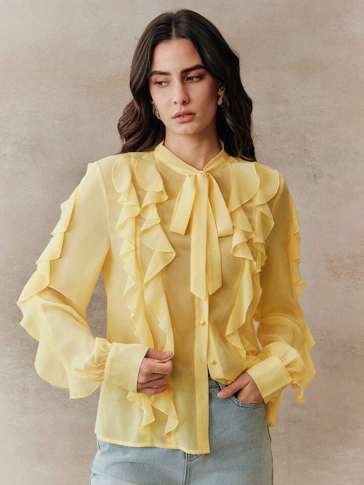 CM-TS521178 Women Elegant Seoul Style Minimalist Tie-Front Ruffle Trim Long Sleeve Blouse - Yellow